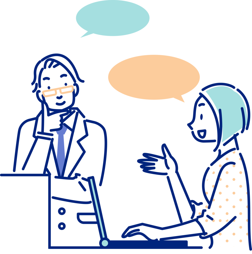 Illustration of a man and woman talking in an office setting